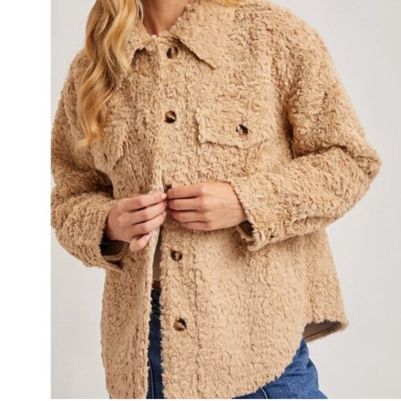 Boucle Button Front Woven Shacket Jacket Creamy Latte - Picture 5 of 11